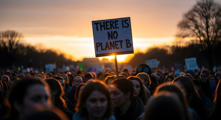 A protestor holds up a sign that reads 'THERE IS NO PLANET B' against a dramatic sunset sky. The sign is the focal point above a large, blurred crowd at a climate change rally, symbolizing activism and environmental awareness.の素材