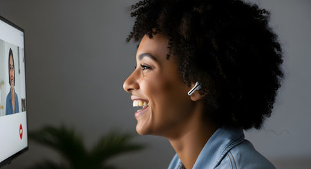 A side-profile close-up of a happy, smiling Black woman with curly hair wearing wireless earbuds. She is engaged in a video call, looking at a computer screen that shows another person. The image represents remote communication and virtual meetings.の素材