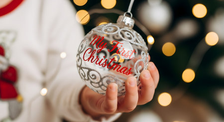 A close-up of a baby's small hand holding a clear glass Christmas ornament that says 'My First Christmas' in red script. The background is a blurred Christmas tree with warm, glowing bokeh lights, capturing a milestone and holiday magic.の素材