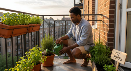A Black man is crouching on his city apartment balcony at sunset, watering his container herb garden with a green watering can. He is tending to various plants, including basil and rosemary, in pots and planters, with a small sign that says "MY HERBS". This image represents urban gardening, a sustainable lifestyle, and a relaxing hobby.の素材