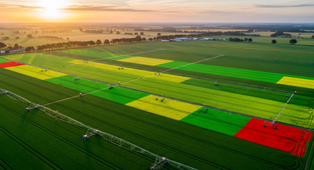 An aerial, high-angle view of vast, modern agricultural fields at sunset. The fields are divided into colorful plots of green, yellow, and red, indicating different crops or sensor data. Center-pivot irrigation systems are visible across the farmland.の素材