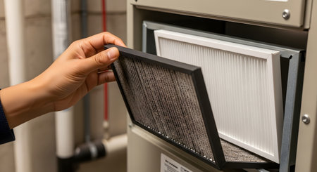 A close-up of a person's hand removing a dirty, used air filter from a home furnace or HVAC system. A new, clean white filter is visible inside the slot. This image illustrates home maintenance, air quality, and HVAC repair.の素材