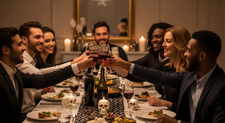 A diverse group of elegantly dressed friends toasting with red wine glasses at a sophisticated dinner party. The table is beautifully set with food, candles, and decorative skulls, suggesting a themed event like Halloween or a murder mystery.の素材