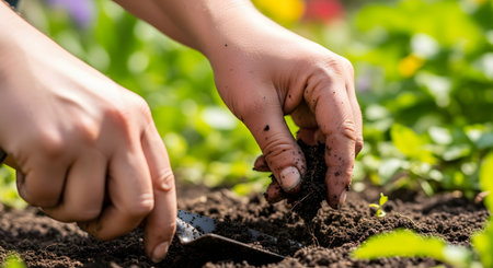 Close-up of a gardener's hands working in rich, dark soil. One hand uses a small trowel while the other crumbles earth to plant a small seedling, all illuminated by bright sunlight in a garden bed.の素材