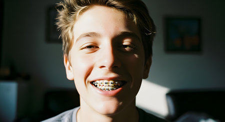 A close-up portrait of a happy, smiling teenage boy looking directly at the camera. He has dental braces on his teeth. The lighting is bright on his face, highlighting his expression, with a darker background.の素材