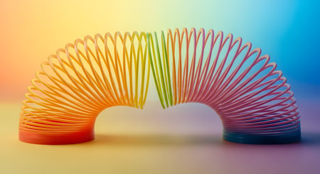 A plastic rainbow-colored slinky toy is arched against a vibrant, multi-colored gradient background. The colorful spring toy demonstrates concepts of play, physics, flexibility, and nostalgia. The lighting is soft, illuminating the bright yellow, orange, green, and blue colors.の素材