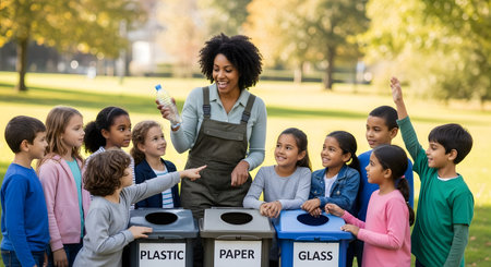 A smiling female teacher instructs a diverse group of elementary school children about recycling outdoors in a park. The children are gathered around three labeled bins for plastic, paper, and glass, and one child is pointing at the plastic bottle the teacher is holding. This image represents environmental education, teamwork, and learning.の素材