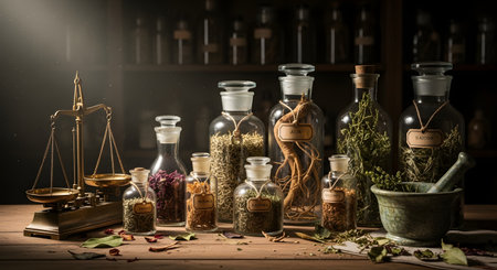 A rustic wooden table in an apothecary shop displays various glass jars filled with dried herbs, roots, and flowers. A vintage brass balance scale sits to the left, and a mortar and pestle are on the right, all illuminated by a warm, dramatic light with shelves of bottles in the background.の素材