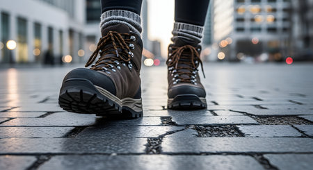 A low-angle, close-up shot of a person's feet wearing brown hiking boots and wool socks, walking on a wet cobblestone street. The background shows a blurred city scene with bokeh lights at dusk or dawn. The image conveys themes of urban exploration, travel, and walking.の素材