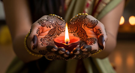 A close-up shot of a woman's hands, decorated with intricate henna (mehndi) tattoos, cupped together to hold a lit clay oil lamp (diya). This image represents Diwali, the Hindu festival of lights, and conveys themes of tradition, celebration, hope, and light.の素材