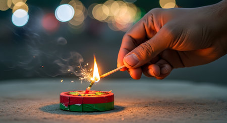 A close-up shot captures a hand holding a lit match to the fuse of a small, round firecracker (a 'chakra' or 'ground spinner') on the ground. The background is blurred with colorful bokeh lights, suggesting a festival like Diwali.の素材