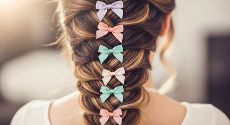 A close-up rear view shows an intricate French braid in light brown hair, highlighted by the sun. The stylish braid is adorned with six small, colorful pastel bows in pink, purple, and mint green, adding a playful and feminine touch. The hairstyle is elegant and perfect for a special occasion or spring event.の素材