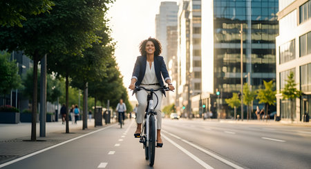 A smiling businesswoman in a blazer and white shirt rides an electric bicycle down a dedicated bike lane in a modern city. The sunlit street is lined with trees and contemporary office buildings, promoting a concept of sustainable urban commuting.の素材