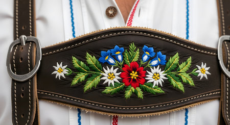 A detailed close-up shot focuses on the intricate floral embroidery on the chest piece of traditional Bavarian lederhosen. The dark brown leather features colorful stitching of red, blue, and white flowers, including the iconic edelweiss, showcasing skilled craftsmanship. This image captures a key element of German folk costume, often worn during Oktoberfest.の素材