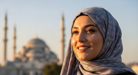 A portrait of a beautiful, smiling young woman wearing a gray hijab, illuminated by warm golden hour light. In the softly blurred background, a large, historic mosque with minarets, likely in Istanbul, Turkey, is visible against the clear sky.の素材