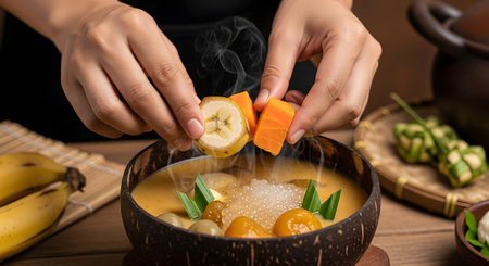 A person adds sliced banana and sweet potato to a steaming bowl of Kolak, a traditional Indonesian dessert made with coconut milk. The dish is presented in a coconut shell bowl, conveying authentic Southeast Asian cuisine.の素材
