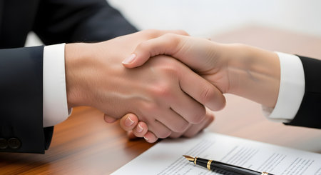 A close-up of a firm handshake between a businessman and a businesswoman in formal suits, signifying a successful deal or agreement. A document, possibly a contract, and a fountain pen are on the wooden desk below their hands. The image conveys professionalism, partnership, and success.の素材