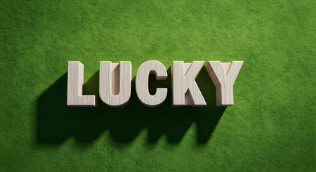 The word 'LUCKY' spelled out in 3D wooden block letters, resting on a textured green felt background, similar to a casino or poker table. Strong directional light casts a prominent shadow from the letters, creating a clean, graphic composition.の素材