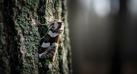 A close-up macro shot of a furry brown and white moth resting on a mossy tree trunk. The moth's antennae are visible, and it is well-camouflaged against the textured bark. The background is softly blurred.の素材