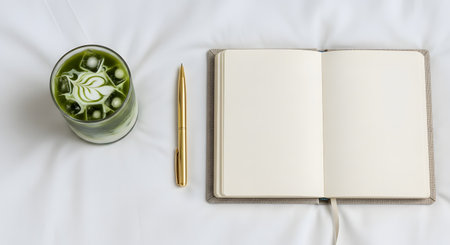 A top-down flat lay view of a journal with blank pages, a gold pen, and a glass of iced matcha latte on a white, wrinkled bed sheet. The green tea drink has ice and a white milk swirl. This image evokes a cozy morning, journaling, relaxation, or creative writing.の素材