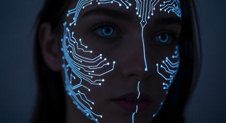 A close-up portrait of a woman's face with a glowing blue circuit board pattern projected onto her skin. Her eyes are a striking, illuminated blue, representing concepts of artificial intelligence, technology, cyborgs, and the digital future.の素材