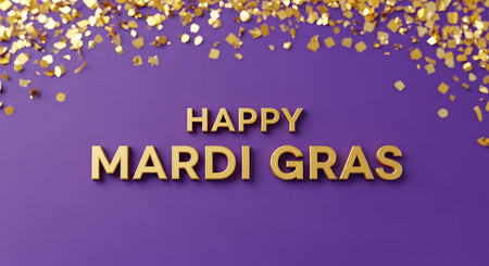 The words 'HAPPY MARDI GRAS' in bold, gold 3D letters are centered on a solid purple background. A border of scattered gold confetti decorates the top edge of the image, creating a festive and celebratory greeting card concept.の素材