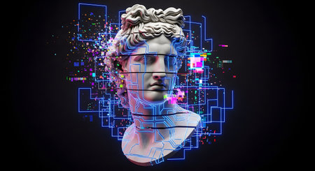A surreal digital art piece showing a classical Greek or Roman statue bust, sliced into sections. The bust is overlaid with glowing blue neon circuits and is dissolving into colorful pixelated fragments and glitch art effects. This image represents the fusion of art and technology, AI, digital transformation, and the clash between the ancient and the modern.の素材