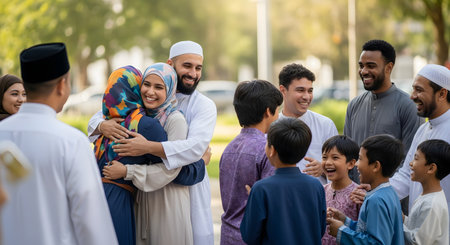 A diverse group of happy Muslim families and friends warmly greet each other outdoors, celebrating a holiday like Eid. A man and woman in traditional attire are hugging, while other adults and several laughing children gather and talk in a sunny park.の素材