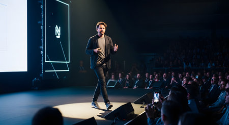A male speaker, holding a presenter remote, walks on a large, dimly lit stage under a bright spotlight. He is giving a presentation at a tech conference or business seminar to a large, attentive audience seated in the dark.の素材