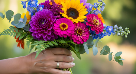 A woman's hand, wearing a ring, holds a vibrant bouquet of fresh-cut summer flowers. The colorful arrangement includes a large sunflower, purple dahlias, pink zinnias, and blue delphiniums, against a softly blurred green garden background. This image evokes joy, gift-giving, and nature's beauty.の素材