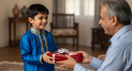 A heartwarming moment between an Indian grandfather and his young grandson. The smiling boy, wearing a traditional blue kurta, is happily receiving a red wrapped gift with a silver bow from the smiling man in a living room setting. This represents family, love, celebration, and tradition.の素材