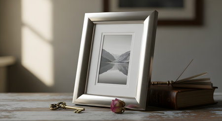 A silver photo frame with a matted black and white landscape picture sits on a rustic wooden desk. Beside it are vintage items: an old key, a dried rose, and an antique book, evoking a sense of nostalgia, memory, and reflection.の素材