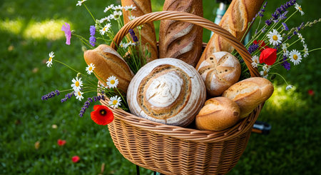 A charming wicker bicycle basket overflowing with assorted artisanal bread, including baguettes and a sourdough loaf, mixed with fresh wildflowers like poppies and daisies. The basket rests on a lush green lawn, evoking a rustic picnic or summer day.の素材
