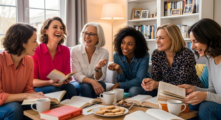 A diverse group of multi-generational women are sitting together on a couch in a cozy living room, enjoying a book club. They are all laughing and talking, with open books, coffee mugs, and cookies on the table, representing friendship, community, and a shared love of reading.の素材