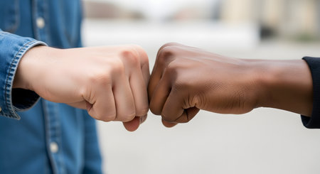 A close-up of a fist bump between two men with different skin tones, one white and one Black. The greeting symbolizes friendship, agreement, respect, and racial harmony. The background is softly blurred.の素材