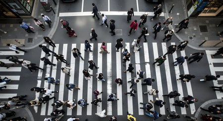 An aerial, top-down view of a crowd of pedestrians walking on a large, striped crosswalk in a busy city. People are moving in multiple directions, representing the hustle and bustle of urban life. This iconic scramble crossing is a symbol of modern city living and population density.の素材