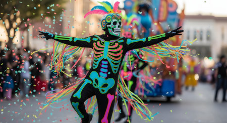 A person in a vibrant, neon-colored skeleton costume dances with arms outstretched during a street parade, surrounded by falling confetti. The festive outfit, complete with a sugar skull mask and feathers, is characteristic of a Day of the Dead (Dia de los Muertos) or carnival celebration.の素材