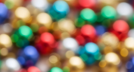 An abstract, out-of-focus background of colorful bokeh lights. The blurred circles of red, green, blue, gold, and silver create a festive and vibrant atmosphere, suitable for holiday or celebration themes.の素材