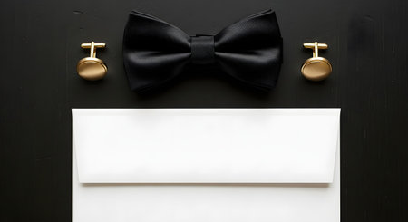 A sophisticated flat lay, top-down view of men's formal accessories on a black textured background. A black bow tie is centered above a white envelope, flanked by a pair of round, gold cufflinks, suggesting a wedding or formal event.の素材
