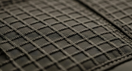 A detailed macro shot of a dark, grid-patterned fabric. The technical, ripstop-style material has a raised square texture, suggesting durability and strength. The dark color and tight weave create a modern, industrial, or tactical background.の素材