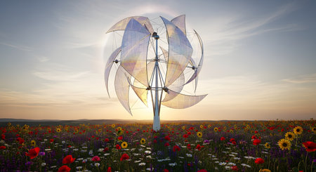 A futuristic, sculptural wind turbine stands in a vibrant field of colorful wildflowers, including red poppies and yellow sunflowers, at sunset. The innovative design contrasts with the natural landscape, symbolizing renewable energy, sustainability, and harmony with nature. The sky is painted with the warm colors of the setting sun.の素材