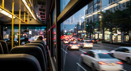 An interior view from a public bus, looking out the window at a busy city street at dusk. The motion-blurred lights of cars and buildings create a dynamic urban scene. The image captures the essence of a daily commute and city life.の素材