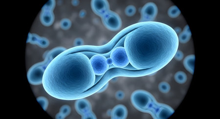 A micro-photograph or 3D rendering of cells undergoing division (mitosis or meiosis). The central blue cell is in the process of cytokinesis, pinching in the middle to form new daughter cells. Other cells in various stages of division are visible in the blurred background.の素材