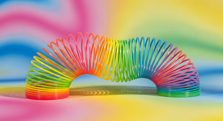 A classic rainbow-colored plastic slinky toy is arched across a vibrant, multicolored, blurred background. The coiled spring toy casts a colorful shadow, representing childhood, play, nostalgia, and fun.の素材