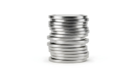 A neat stack of shiny silver coins is isolated on a plain white background. The 3D render represents money, finance, savings, investment, and wealth.の素材