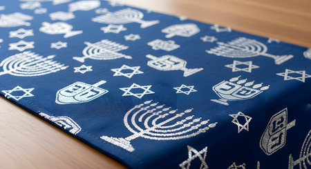 A blue table runner decorated with silver Hanukkah symbols, including menorahs, dreidels, and Stars of David. The runner is placed at an angle on a wooden table, showing a festive decoration for the Jewish holiday.の素材
