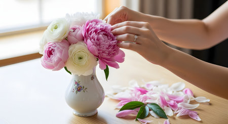 A woman's hands are arranging a beautiful bouquet of fresh pink peonies and white ranunculus flowers in a vintage porcelain vase. Petals are scattered on the wooden table, creating a soft, elegant, and domestic scene.の素材