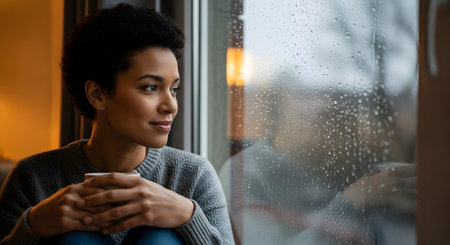 A pensive Black woman with short curly hair holds a mug while looking out a window on a rainy day. Raindrops are visible on the glass, and her thoughtful expression suggests contemplation, relaxation, or melancholy.の素材