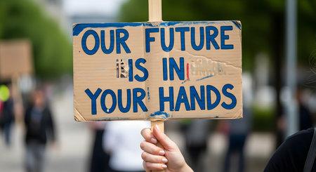 A protestor's hand holds up a cardboard sign with the message 'Our Future Is In Your Hands' during a rally. The blurred background suggests a crowd, highlighting themes of activism, climate change, and political responsibility.の素材