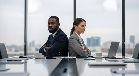Two diverse business colleagues, a Black man and a White woman, sit back-to-back at a conference table with their arms crossed. They are looking away from each other with angry expressions, symbolizing workplace conflict, disagreement, or partnership problems.の素材